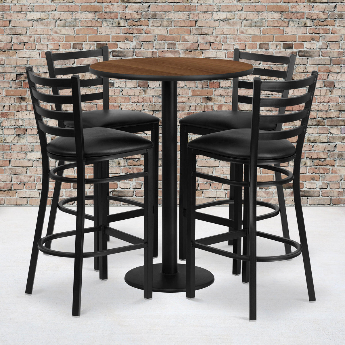 Walnut Top/Black Vinyl Seat |#| 30inch Round Walnut Laminate Table w/ Round Base & 4 Ladder Back Metal Barstools