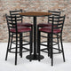 Walnut Top/Burgundy Vinyl Seat |#| 30inch Round Walnut Laminate Table with Round Base & 4 Ladder Back Metal Barstools