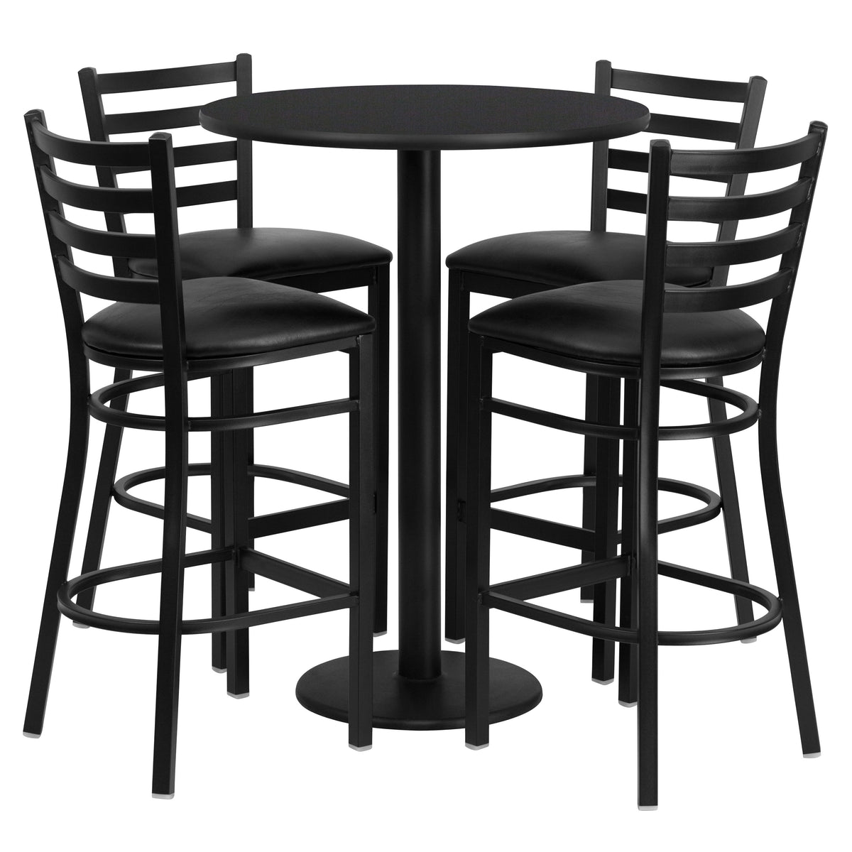 Black Top/Black Vinyl Seat |#| 30inch Round Black Laminate Table with Round Base & 4 Ladder Back Metal Barstools