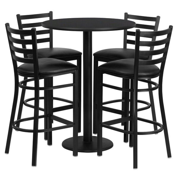 Black Top/Black Vinyl Seat |#| 30inch Round Black Laminate Table with Round Base & 4 Ladder Back Metal Barstools