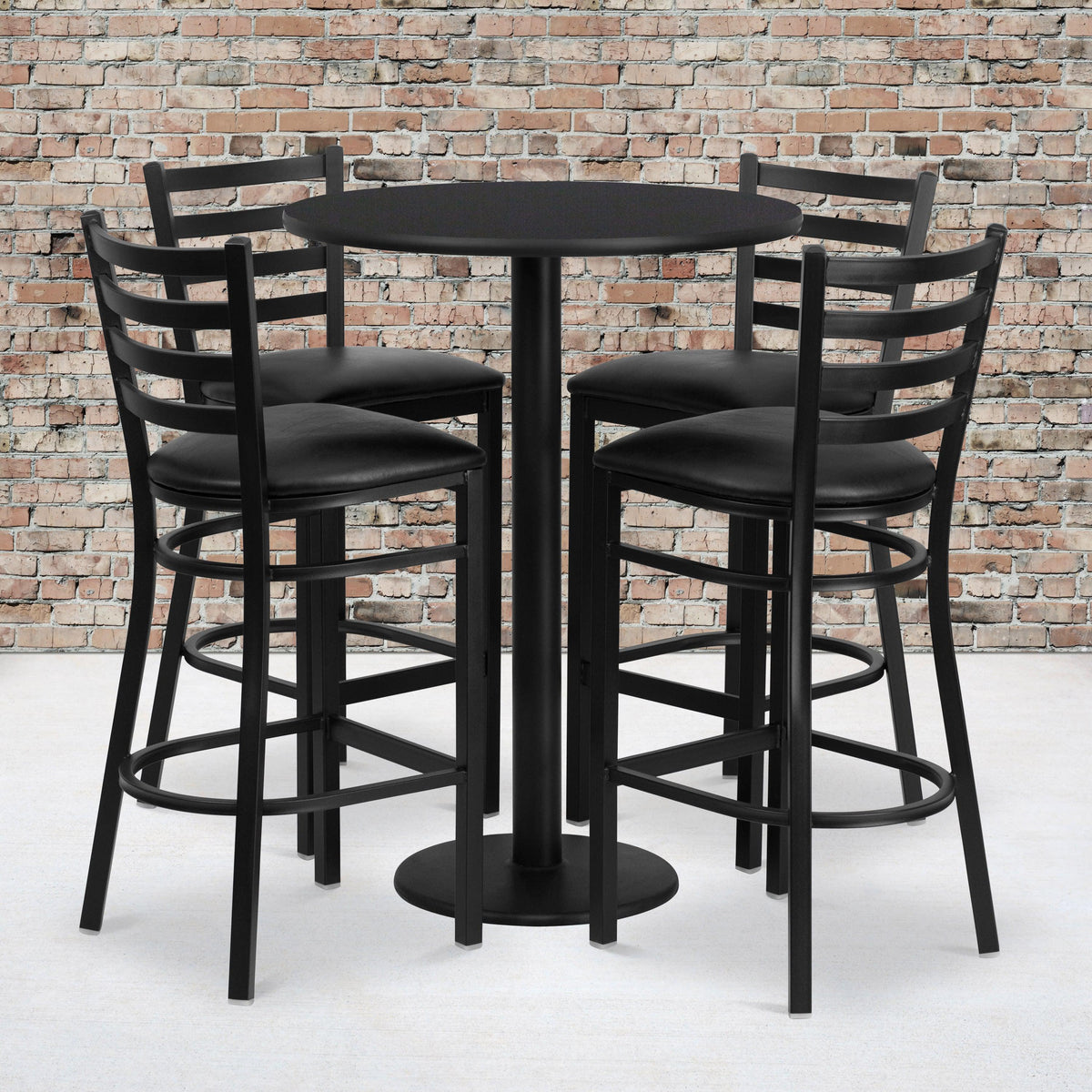 Black Top/Black Vinyl Seat |#| 30inch Round Black Laminate Table with Round Base & 4 Ladder Back Metal Barstools