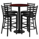 Mahogany Top/Black Vinyl Seat |#| 30inch Round Mahogany Laminate Table w/ Round Base & 4 Ladder Back Metal Barstools