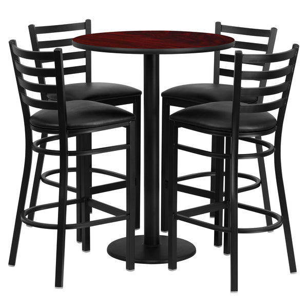 Mahogany Top/Black Vinyl Seat |#| 30inch Round Mahogany Laminate Table w/ Round Base & 4 Ladder Back Metal Barstools