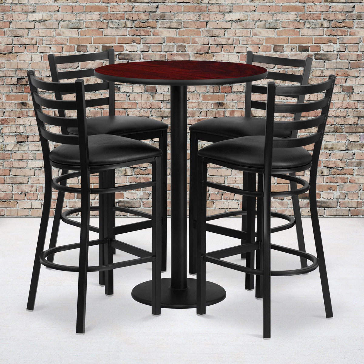 Mahogany Top/Black Vinyl Seat |#| 30inch Round Mahogany Laminate Table w/ Round Base & 4 Ladder Back Metal Barstools