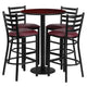 Mahogany Top/Burgundy Vinyl Seat |#| 30inch Round Mahogany Laminate Table w/ Round Base & 4 Ladder Back Metal Barstools