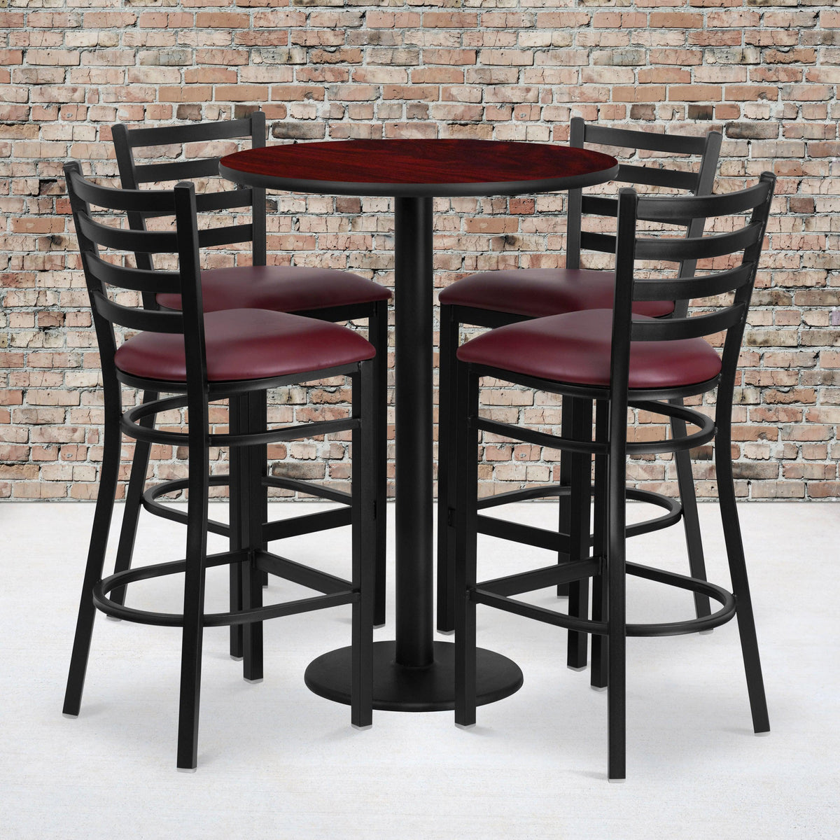 Mahogany Top/Burgundy Vinyl Seat |#| 30inch Round Mahogany Laminate Table w/ Round Base & 4 Ladder Back Metal Barstools