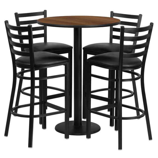 30'' Round Laminate Table Set with Round Base and 4 Ladder Back Metal Barstools - View 1