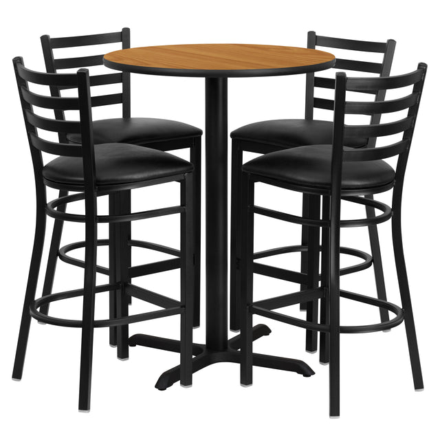 30'' Round Laminate Table Set with X-Base and 4 Ladder Back Metal Barstools - View 1