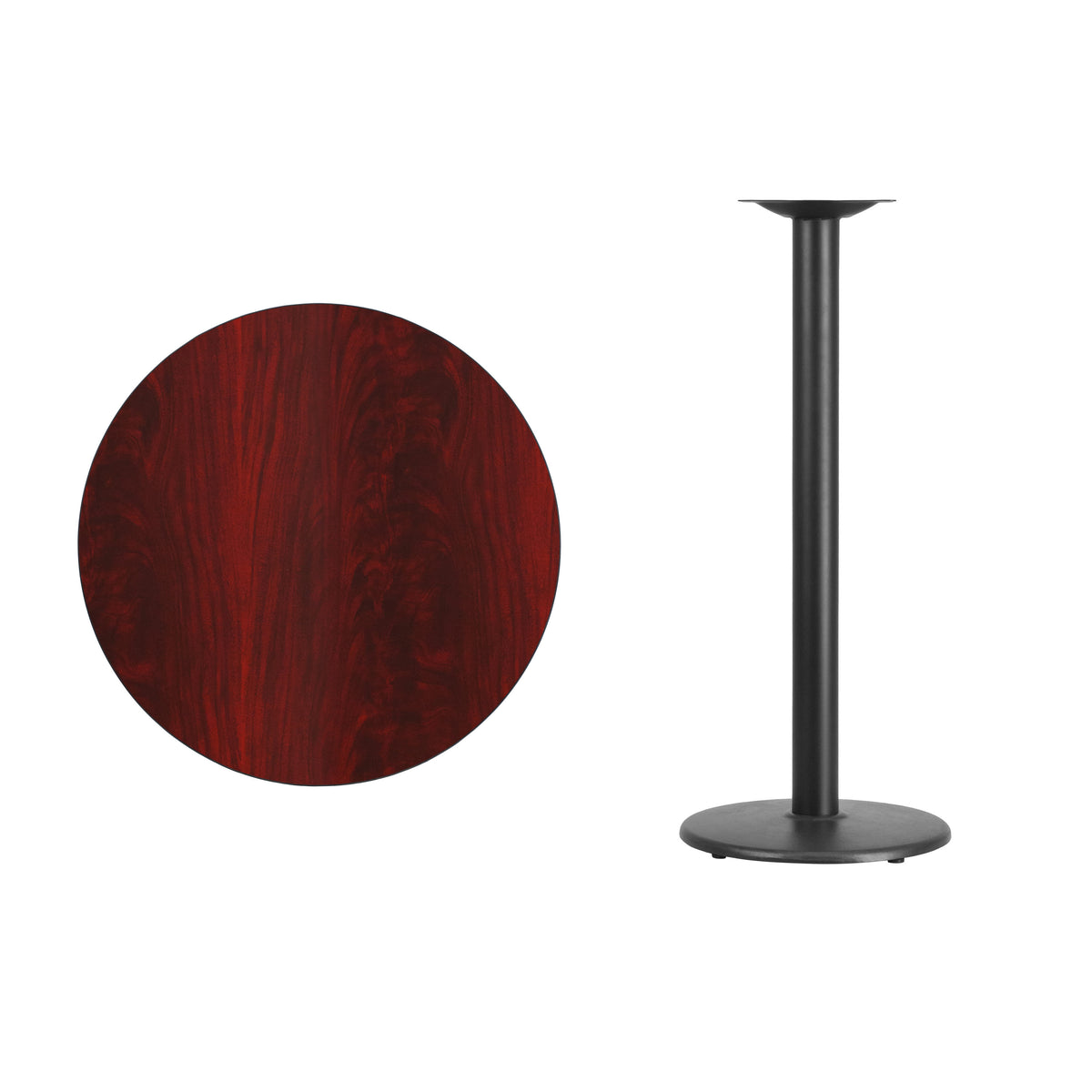 Mahogany |#| 30inch Round Mahogany Laminate Table Top with 18inch Round Bar Height Table Base