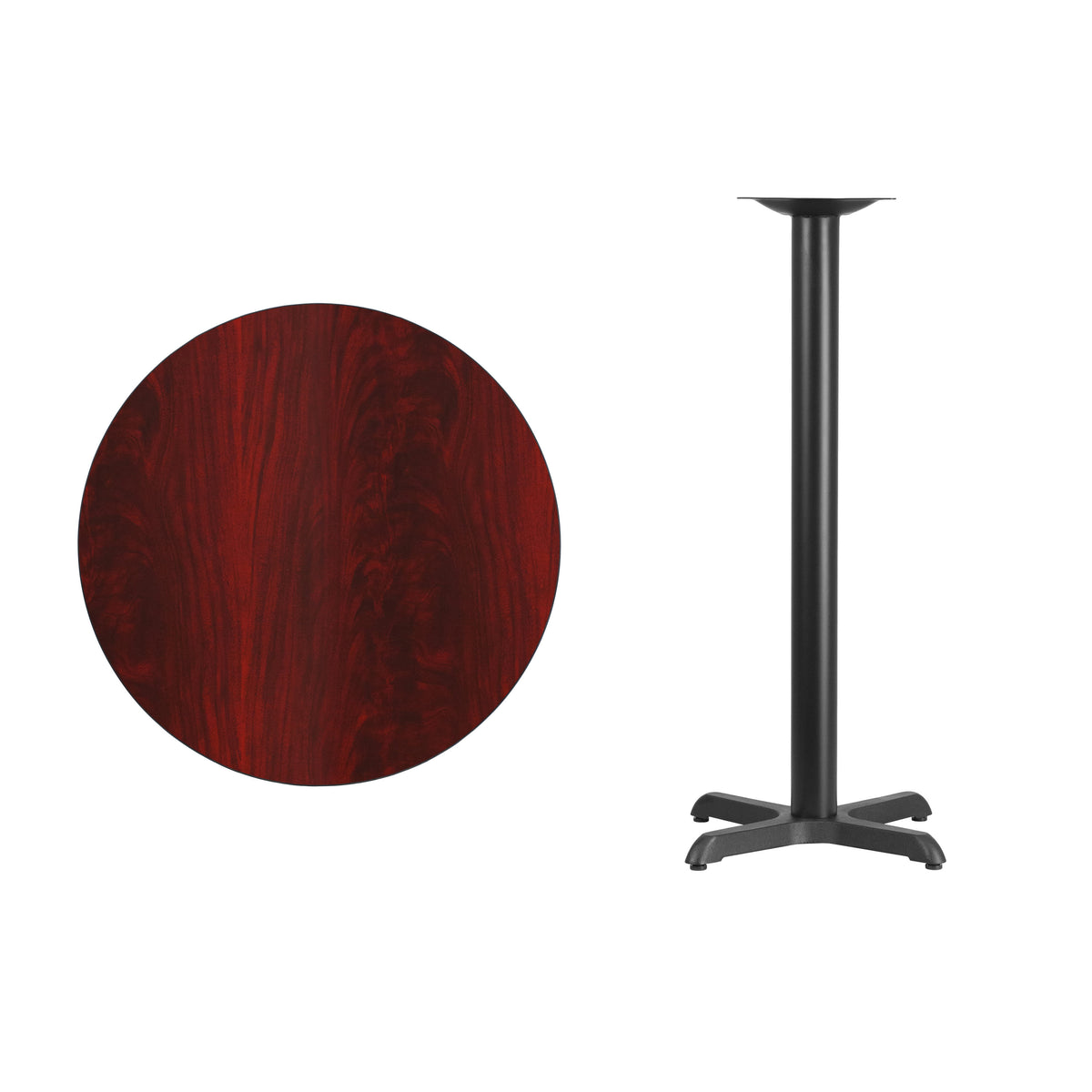 Mahogany |#| 30inch Round Mahogany Laminate Table Top with 22inch x 22inch Bar Height Table Base