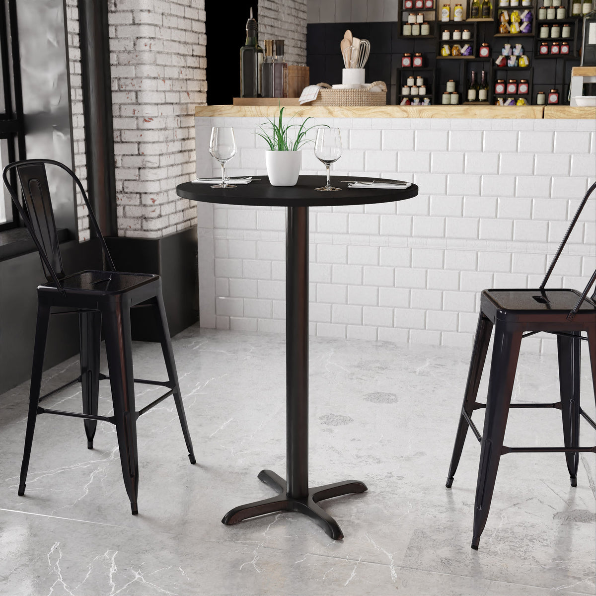 Black |#| 30inch Round Black Laminate Table Top with 22inch x 22inch Bar Height Table Base