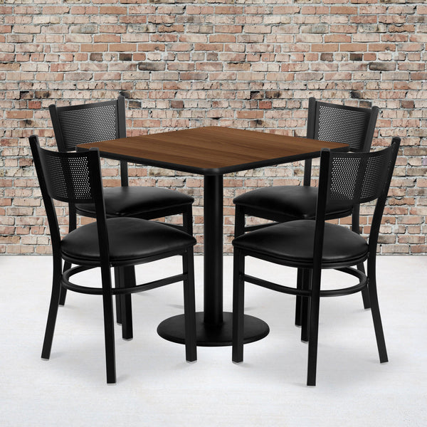 30inch Square Walnut Laminate Table Set with 4 Metal Chairs - Black Vinyl Seat