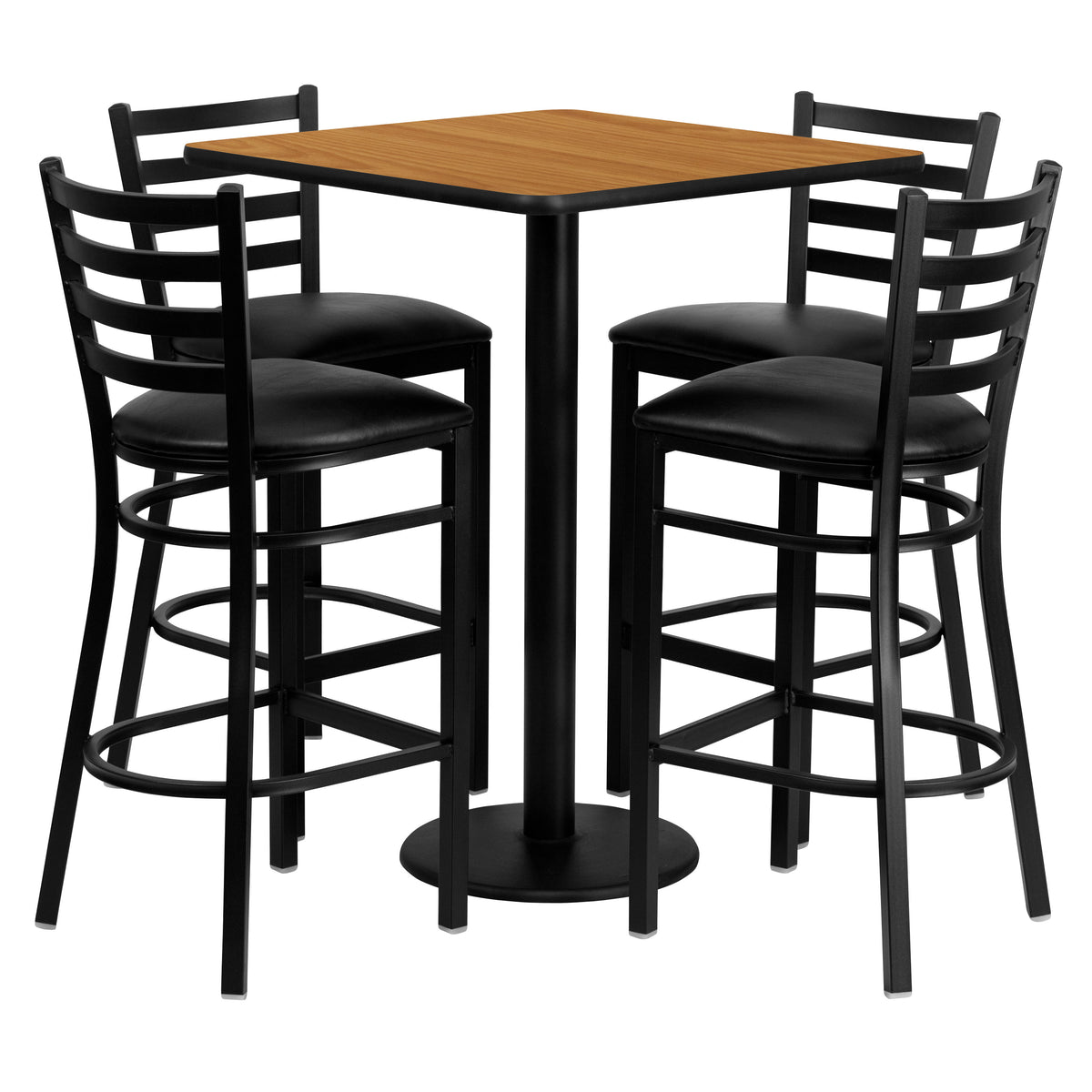 Natural Top/Black Vinyl Seat |#| 30inch Square Natural Laminate Table Set with 4 Metal Barstools - Black Vinyl Seat