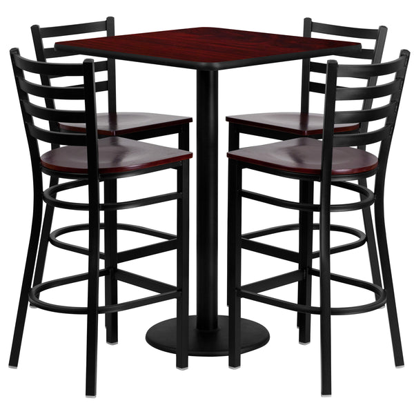 Mahogany Top/Mahogany Wood Seat |#| 30inch Square Mahogany Laminate Table Set w/4 Metal Barstools - Mahogany Wood Seat