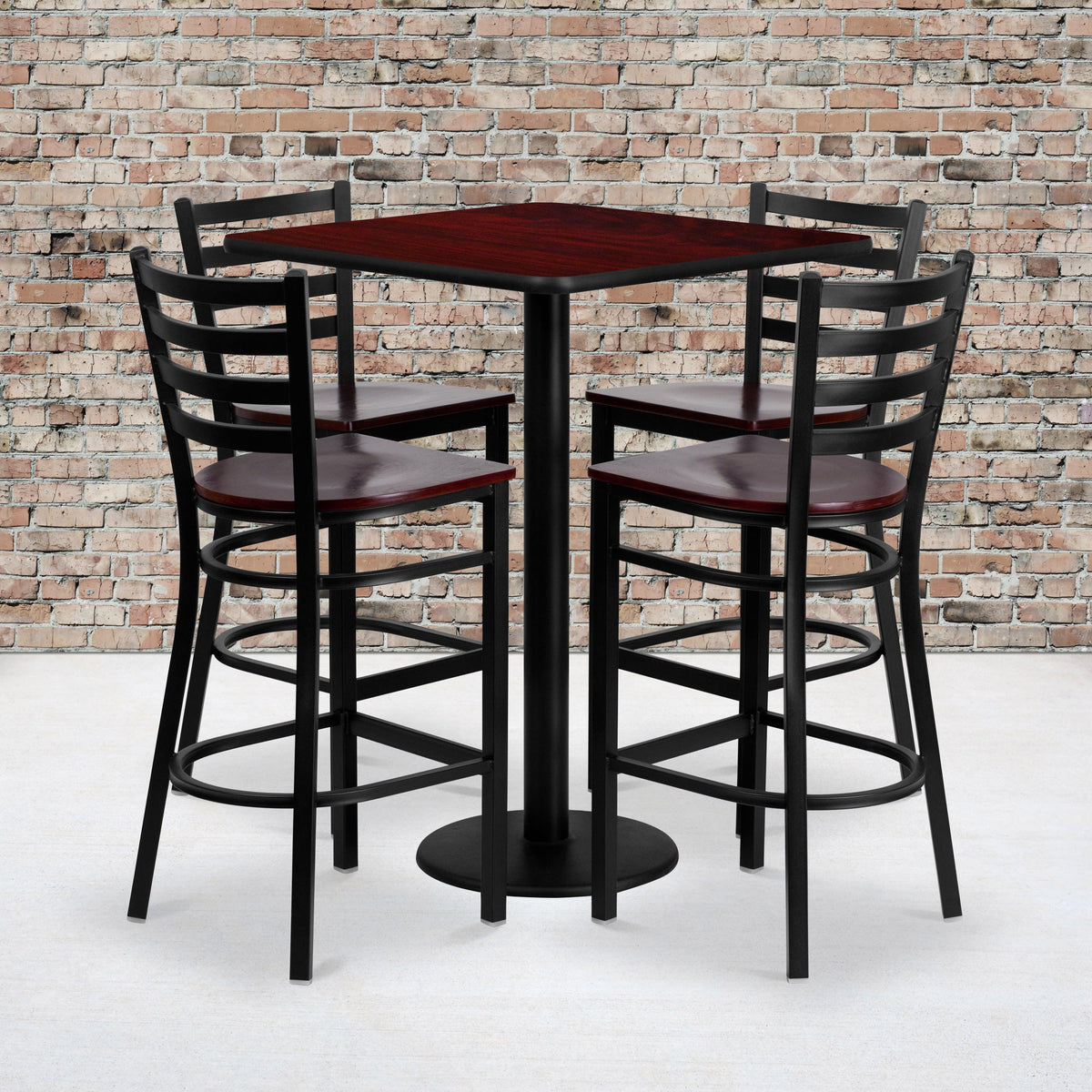 Mahogany Top/Mahogany Wood Seat |#| 30inch Square Mahogany Laminate Table Set w/4 Metal Barstools - Mahogany Wood Seat