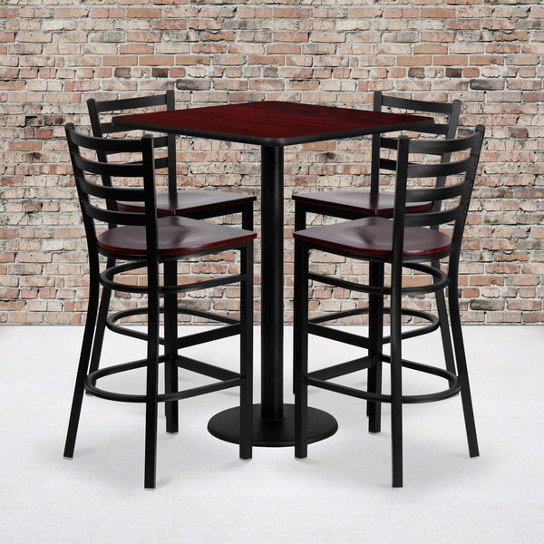 Mahogany Top/Mahogany Wood Seat |#| 30inch Square Mahogany Laminate Table Set w/4 Metal Barstools - Mahogany Wood Seat
