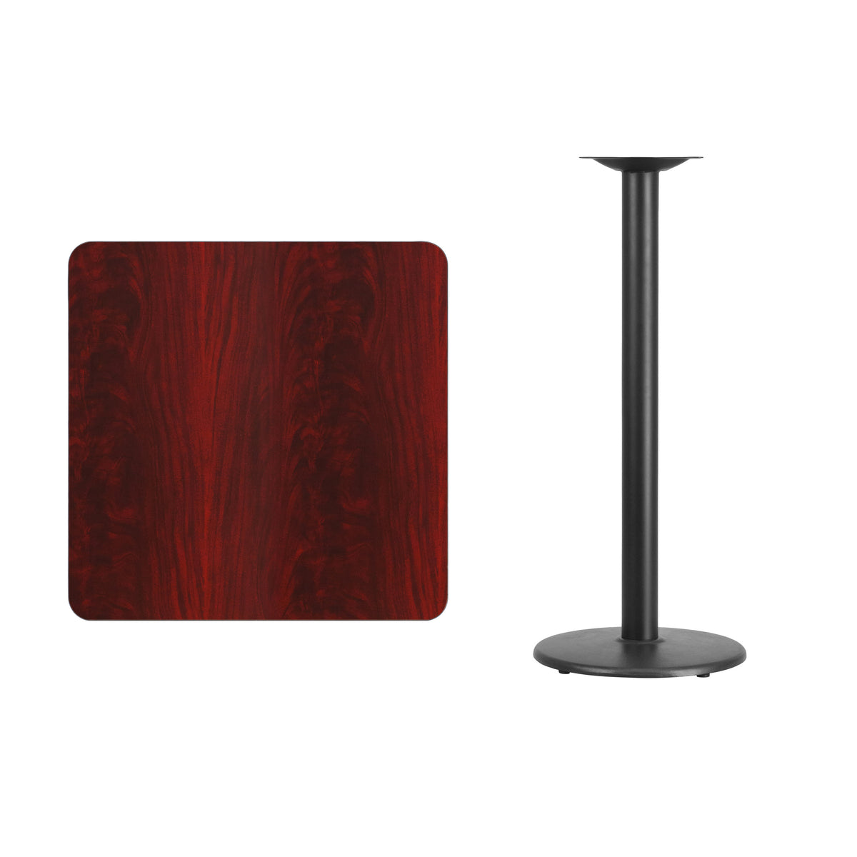 Mahogany |#| 30inch Square Mahogany Laminate Table Top with 18inch Round Bar Height Table Base
