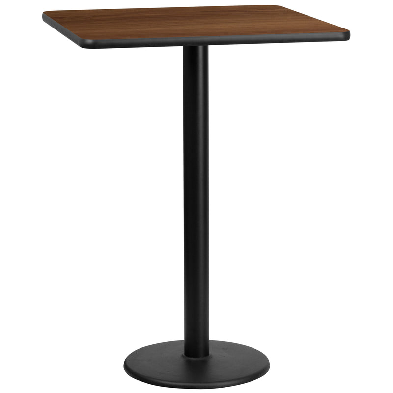 Walnut |#| 30inch Square Walnut Laminate Table Top with 18inch Round Bar Height Table Base