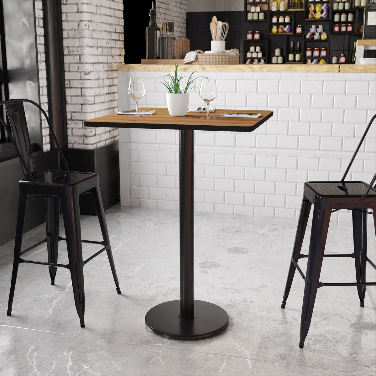Walnut |#| 30inch Square Walnut Laminate Table Top with 18inch Round Bar Height Table Base
