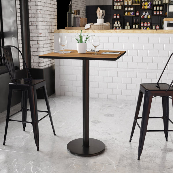 Walnut |#| 30inch Square Walnut Laminate Table Top with 18inch Round Bar Height Table Base