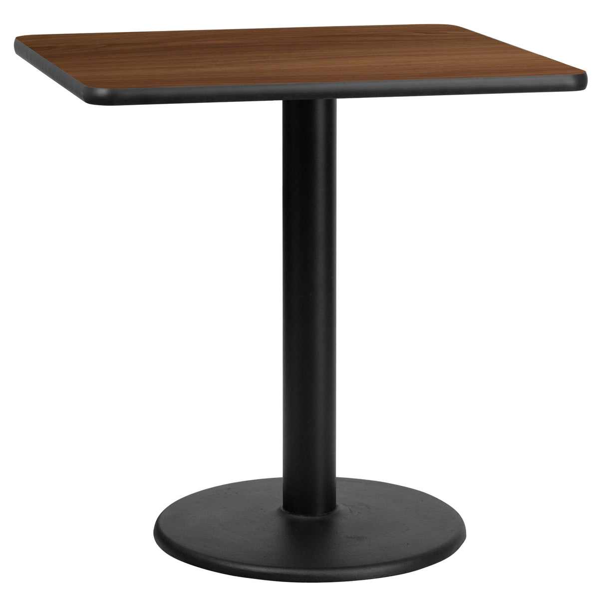 Walnut |#| 30inch Square Walnut Laminate Table Top with 18inch Round Table Height Base