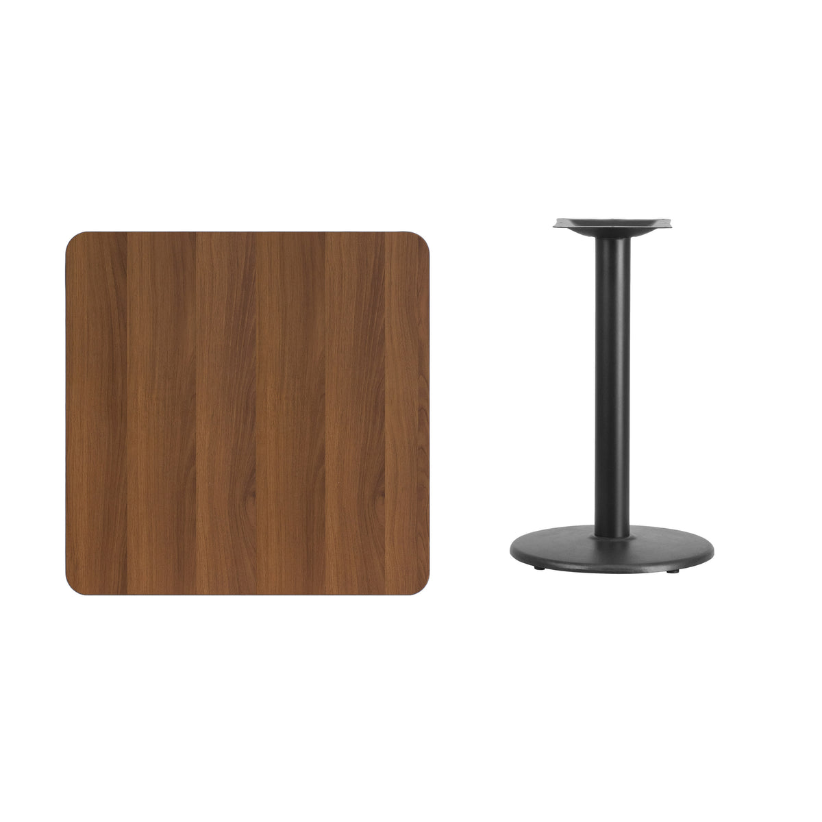 Walnut |#| 30inch Square Walnut Laminate Table Top with 18inch Round Table Height Base