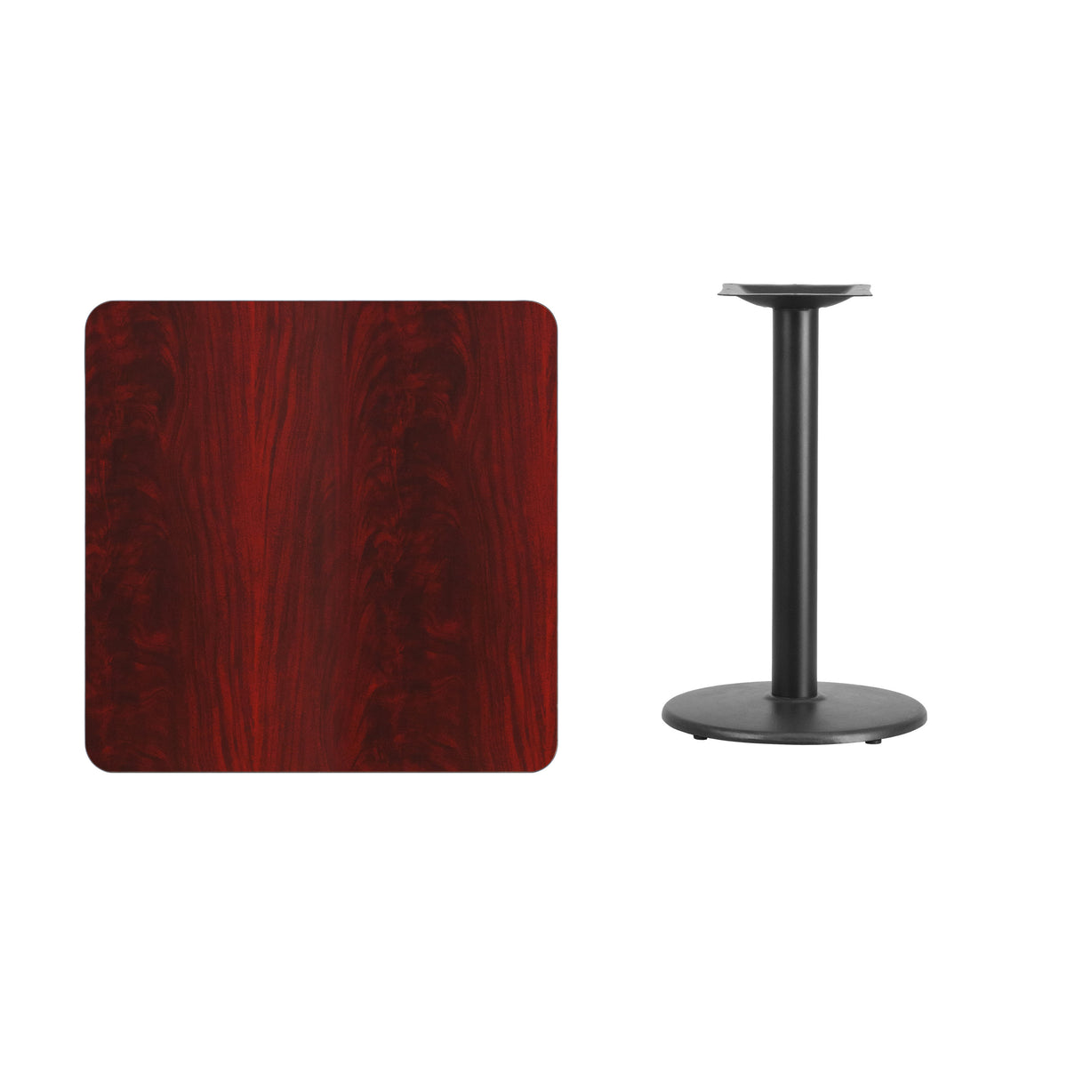 Mahogany |#| 30inch Square Mahogany Laminate Table Top with 18inch Round Table Height Base