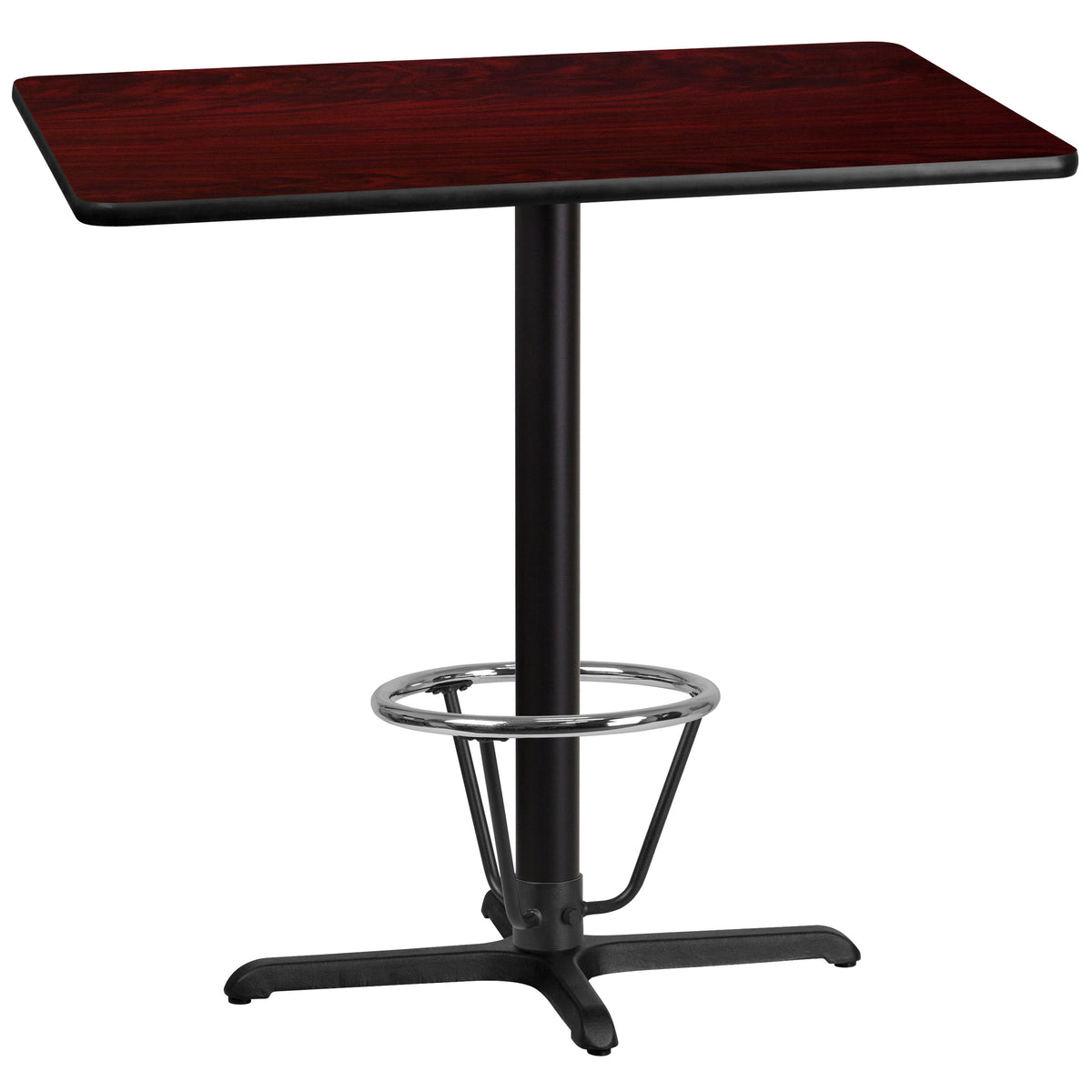 Mahogany |#| 30inch x 42inch Laminate Table Top & 23.5inch x 29.5inch Bar Height Base with Foot Ring