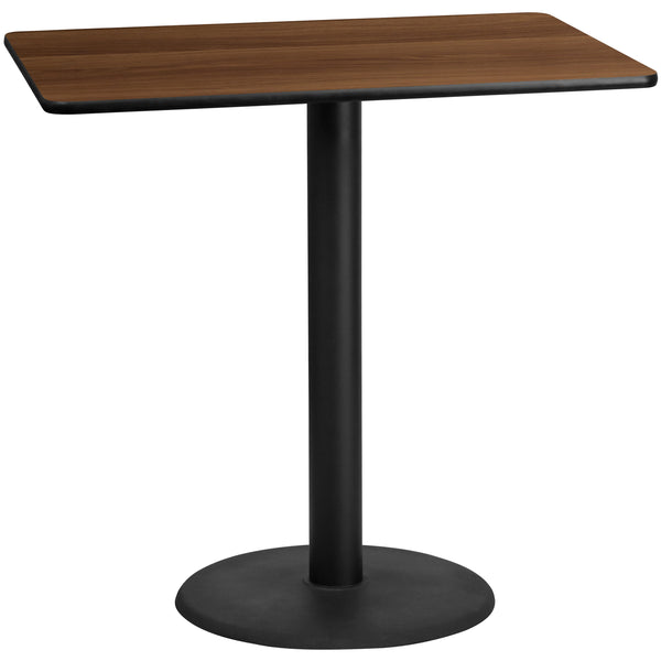 Walnut |#| 30x48 Rectangular Walnut Laminate Table Top & 24inch Round Bar Height Table Base