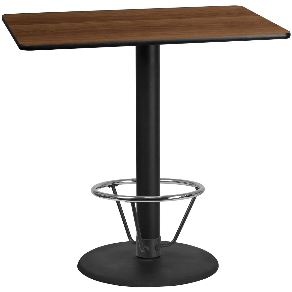 Walnut |#| 30inch x 48inch Walnut Laminate Table Top & 24inch Round Bar Height Base with Foot Ring