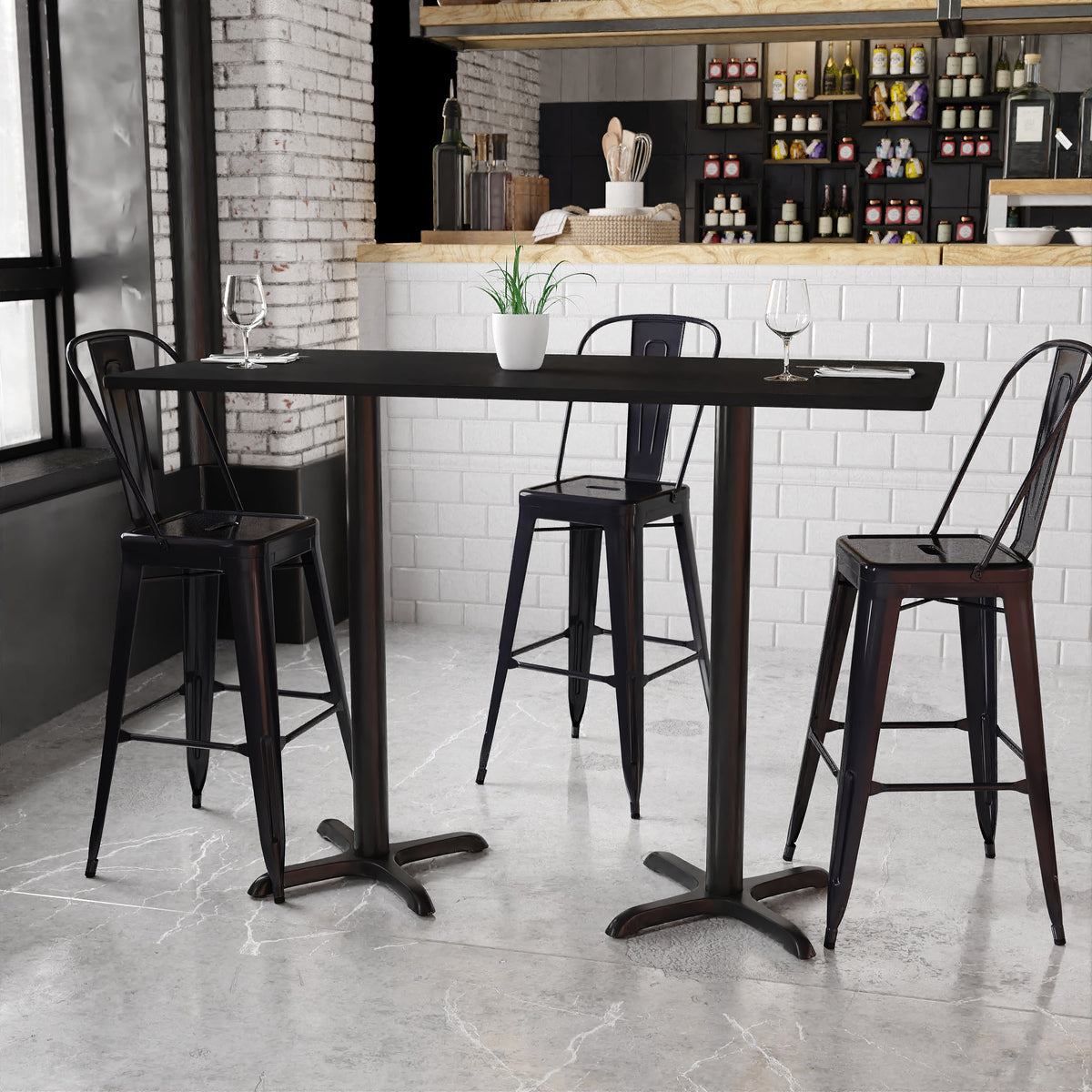 Black |#| 30inch x 60inch Rectangular Black Laminate Table Top & 22x22 Bar Height Table Bases
