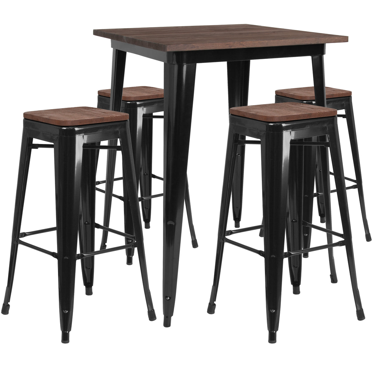 Black |#| 31.5inch Square Black Metal Bar Table Set with Wood Top and 4 Backless Stools