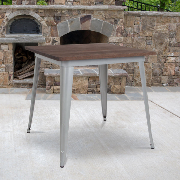 Silver |#| 31.5inch Square Silver Metal Indoor Table with Walnut Rustic Wood Top - Café Table