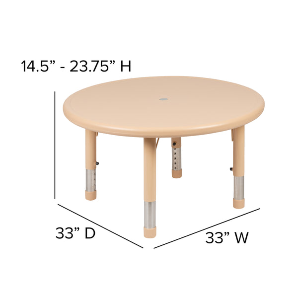 Natural |#| 33inch Round Natural Plastic Height Adjustable Activity Table - School Table for 4