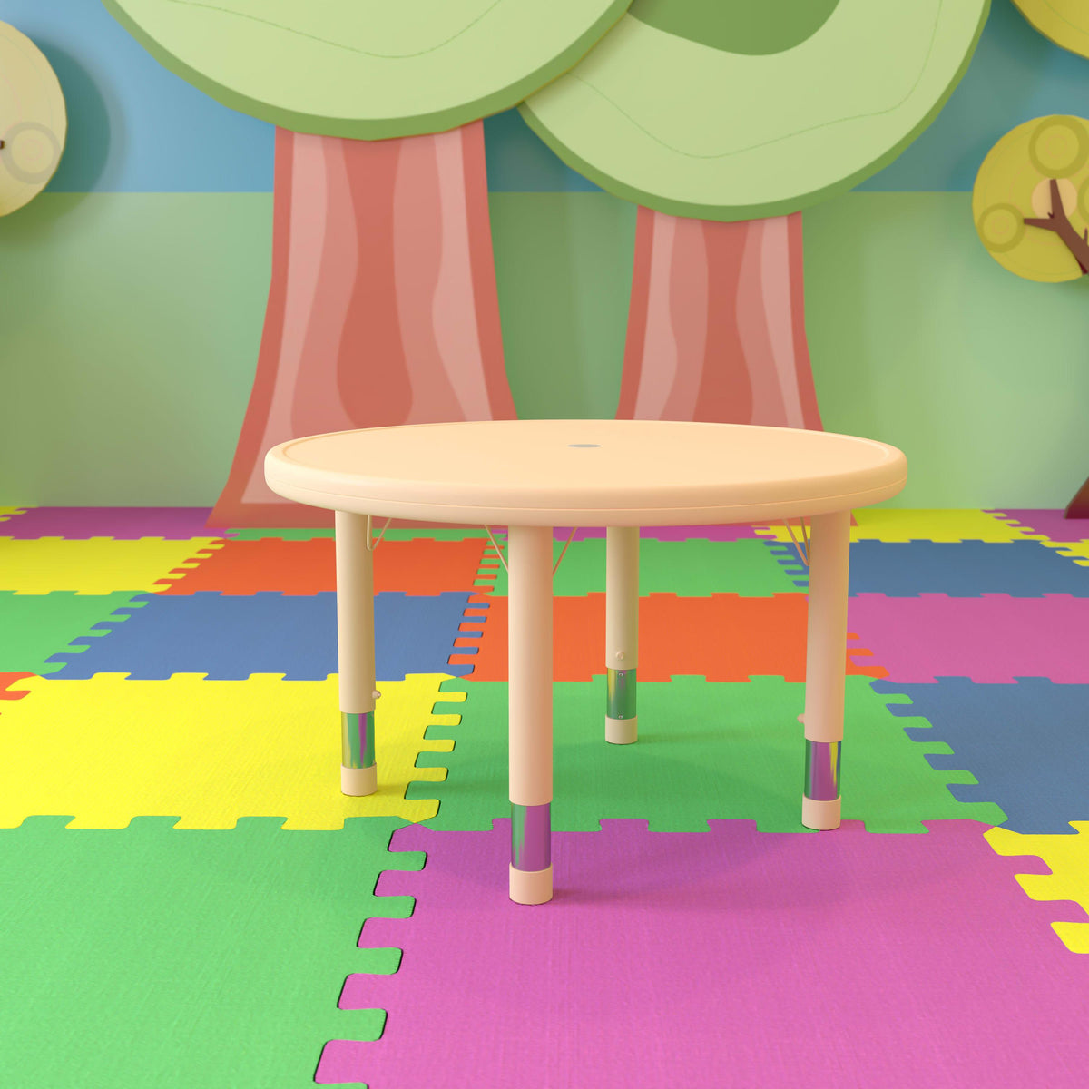 Natural |#| 33inch Round Natural Plastic Height Adjustable Activity Table - School Table for 4