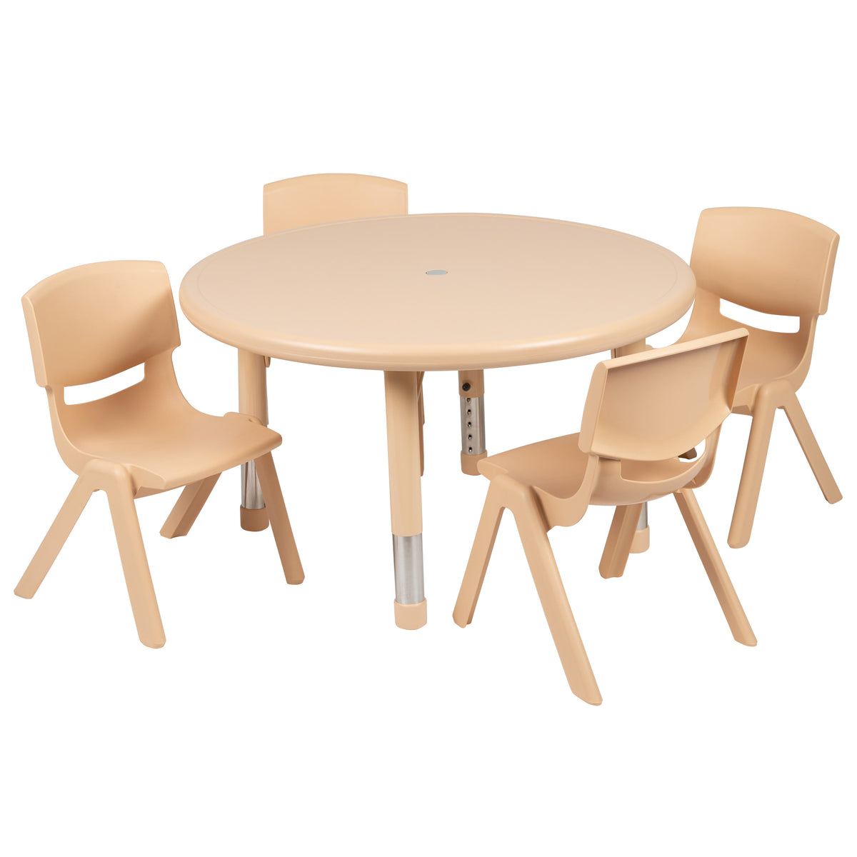 Natural |#| 33inch Round Natural Plastic Height Adjustable Activity Table Set with 4 Chairs