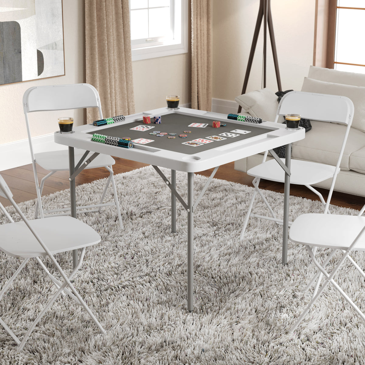 White/Gray |#| White 34.5" Square 4-Player Folding Card Table with Gray Felt and Cup Holders