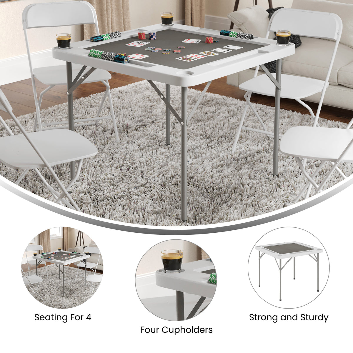 White/Gray |#| White 34.5" Square 4-Player Folding Card Table with Gray Felt and Cup Holders