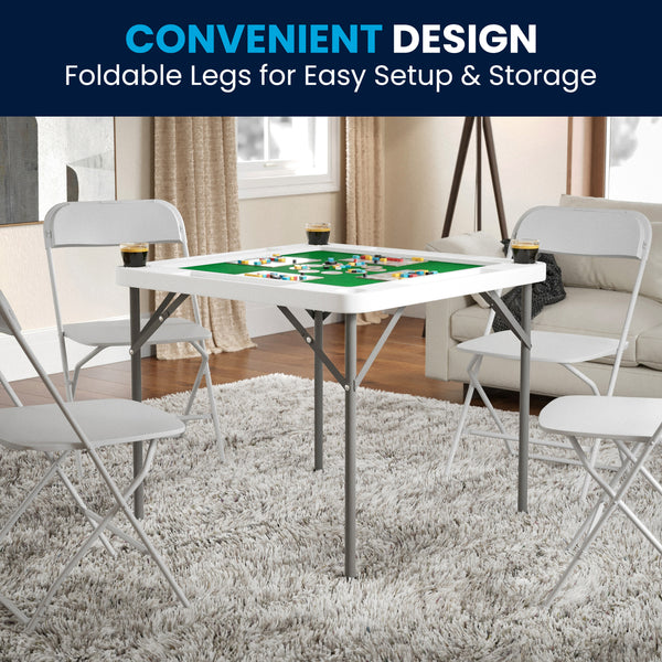 Granite White |#| 34.5" Square 4-Player Folding Card Game Table with Green Felt and Cup Holders