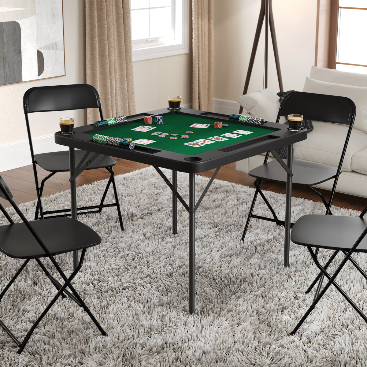 Black/Green |#| Black 34.5" Square 4-Player Folding Card Table with Gray Felt and Cup Holders