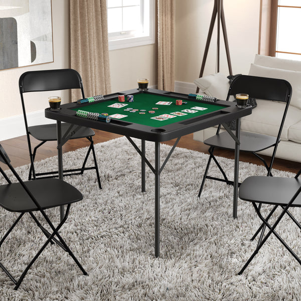 Black/Green |#| Black 34.5" Square 4-Player Folding Card Table with Gray Felt and Cup Holders