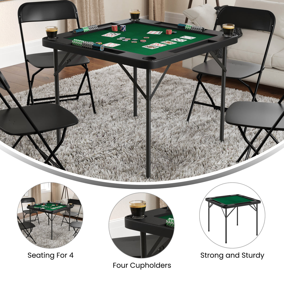 Black/Green |#| Black 34.5" Square 4-Player Folding Card Table with Gray Felt and Cup Holders