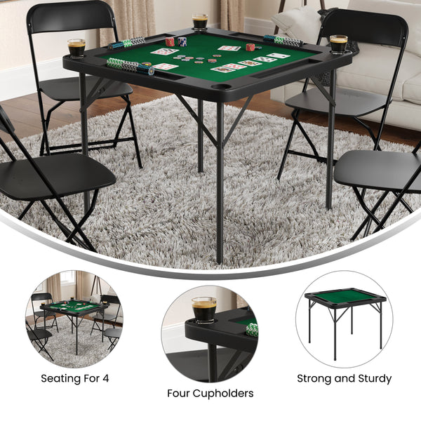 Black/Green |#| Black 34.5" Square 4-Player Folding Card Table with Gray Felt and Cup Holders