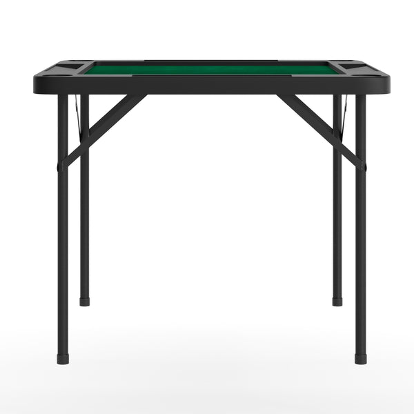 Black/Green |#| Black 34.5" Square 4-Player Folding Card Table with Gray Felt and Cup Holders
