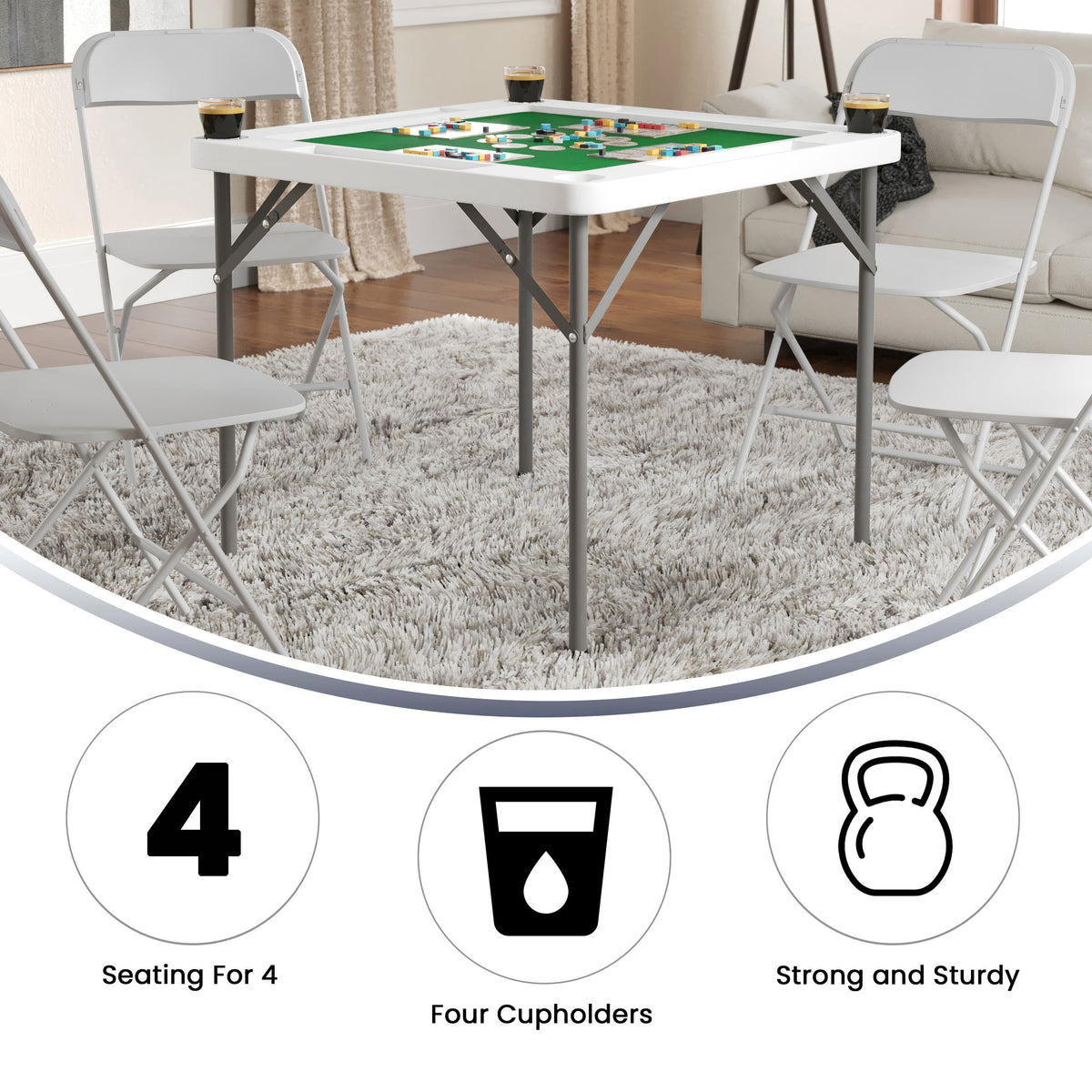 Granite White |#| 34.5" Square 4-Player Folding Card Game Table with Green Felt and Cup Holders