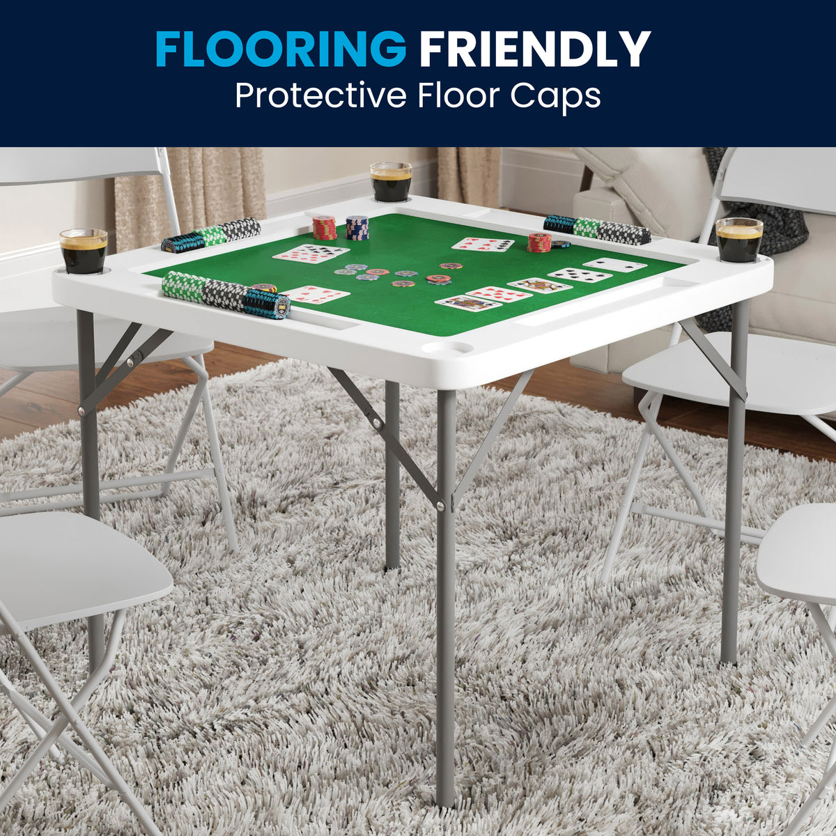 Granite White |#| 34.5" Square 4-Player Folding Card Game Table with Green Felt and Cup Holders