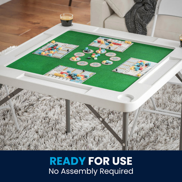 Granite White |#| 34.5" Square 4-Player Folding Card Game Table with Green Felt and Cup Holders