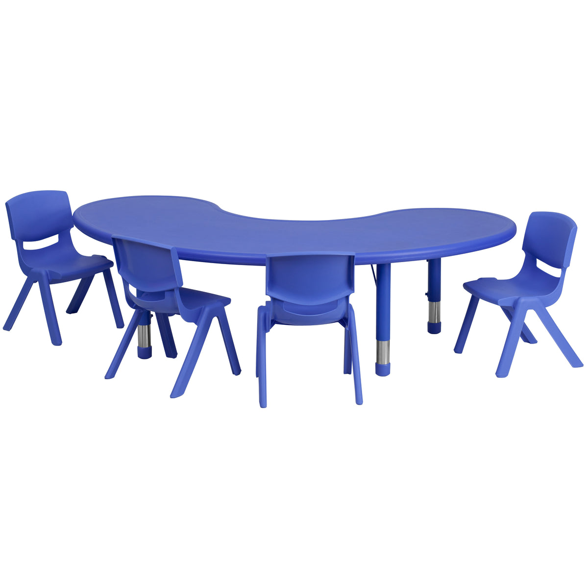 Blue |#| 35inchW x 65inchL Half-Moon Blue Plastic Adjustable Activity Table Set - 4 Chairs
