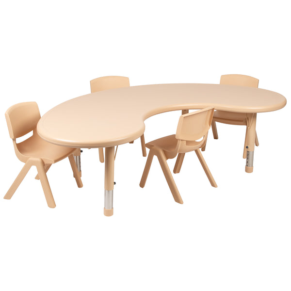 Natural |#| 35"W x 65"L Half-Moon Natural Plastic Adjustable Activity Table Set - 4 Chairs