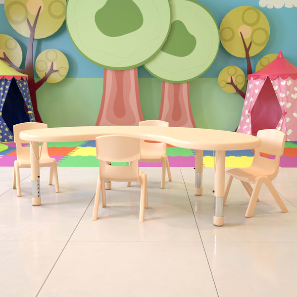 Natural |#| 35"W x 65"L Half-Moon Natural Plastic Adjustable Activity Table Set - 4 Chairs